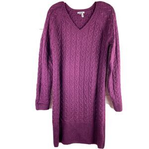 Dress  Wool Cable Knit Sweater Long Sleeve Purple Aran L 10 12 V-neck bodycon